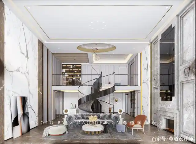 客厅挑高空区域的保留,不仅能完美展现艺术楼梯的美感,更能让客厅空间