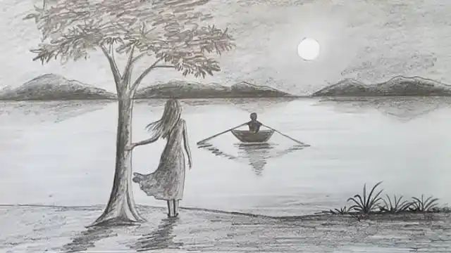 铅笔画素描,月光下风景画女子静谧又温柔