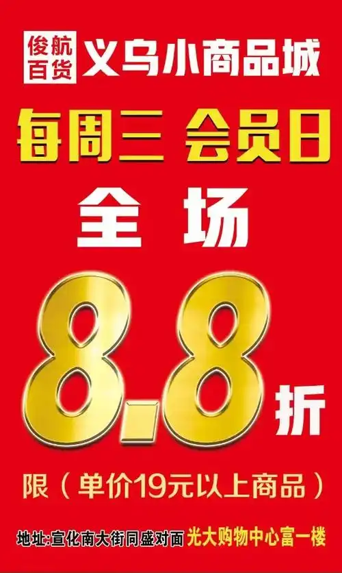 义乌小商品批发城每周三会员日,全场8.8折优惠!100元立省 - 抖音