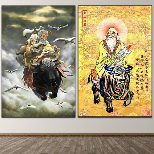道教三清道德天尊太上老君画像老君骑牛巡天图室内装饰挂画墙贴画
