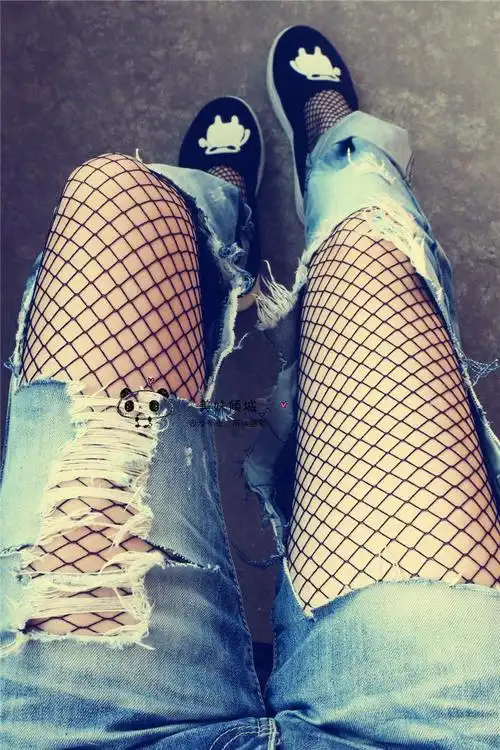 欧美破洞牛仔裤性感黑色大中小网格袜镂空情趣丝袜渔网连裤袜韩国