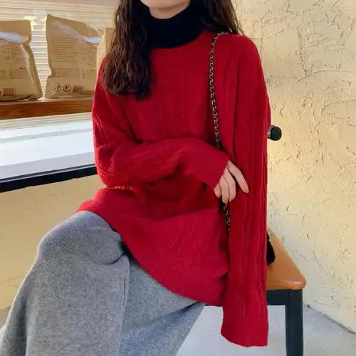 秋季2020年新款韩版宽松慵懒风麻花套头毛衣女秋冬外穿针织衫上衣