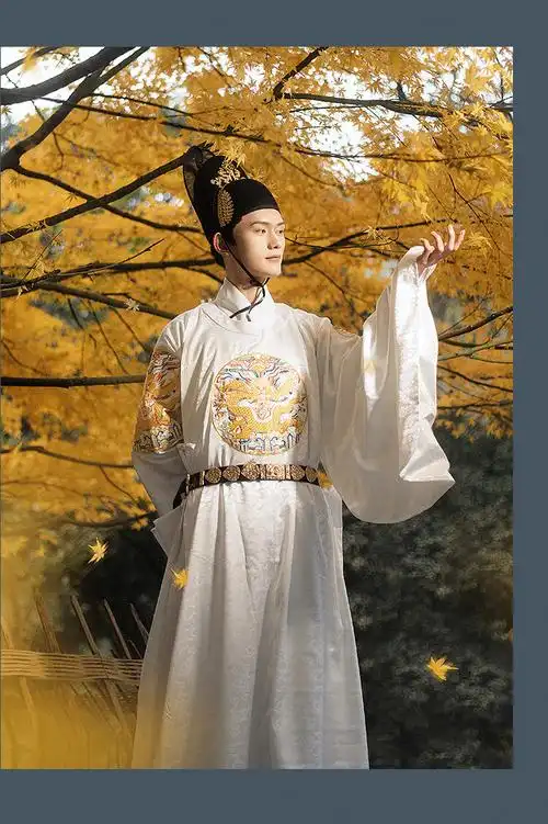 明制汉服男道袍团龙纹刺绣圆领袍男女情侣款婚服明代官服 中国红色 假