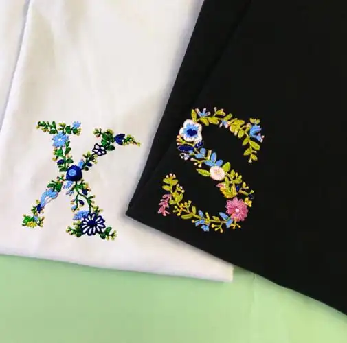 花草姓氏字母情侣装t恤衫刺绣手工diy自绣衣服纯棉半袖夏大码体恤