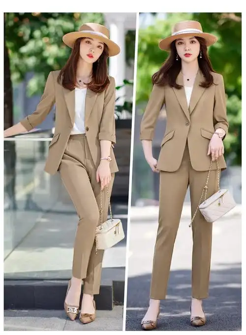 设计感小西装外套女夏时尚洋气休闲百搭西服套装女粉色两件套薄款