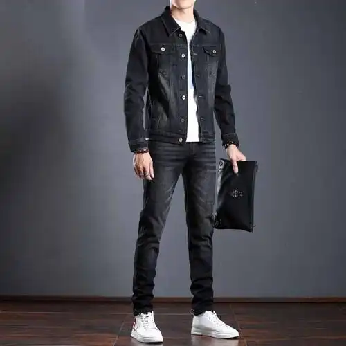 牛仔套装男弹力两件套修身黑色潮流夹克一身衣服