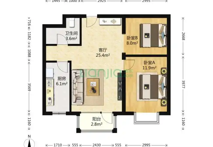 北京金隅七零九零2室1厅1卫70平米户型图