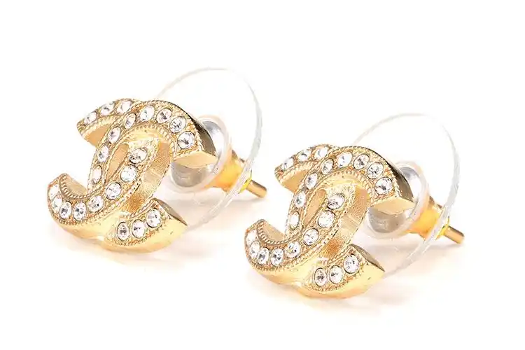 耳钉】chanel(香奈儿) #浅金色经典logo双c白色水钻装饰耳钉【正品