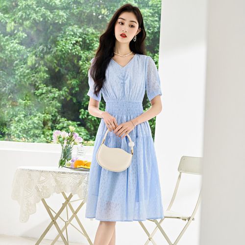【v领收腰显瘦短袖中长裙】夏季时尚气质淑女连衣裙
