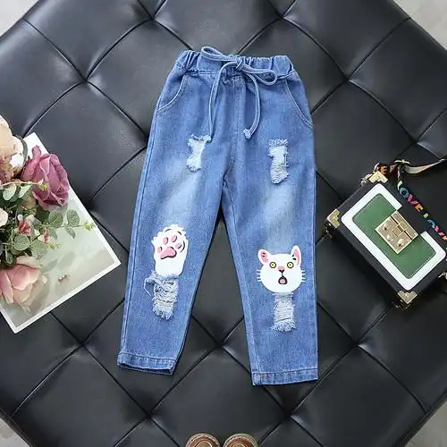 女童猫咪印花牛仔裤 儿童宝宝破洞系带休闲牛仔长裤2017秋新p8212