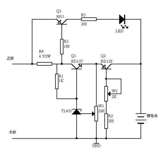 1 方案一一款极简单的锂电池充电器 该装置的电路工作原理如图2-1所示