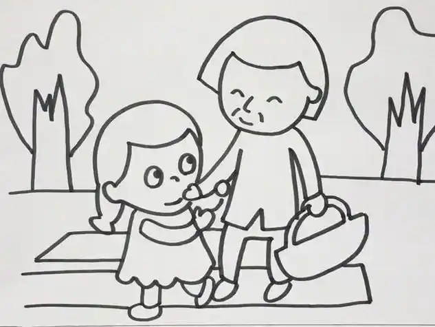 1扶老人过马路简笔画首先画出小女孩的头再画出身体接着画出老奶奶