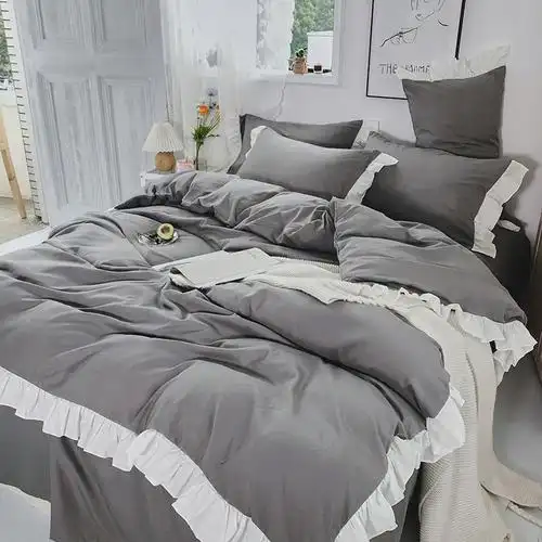 少女心浅紫色床单四件套荷叶花边纯色床裙公主风被套宿舍床洛可可星空