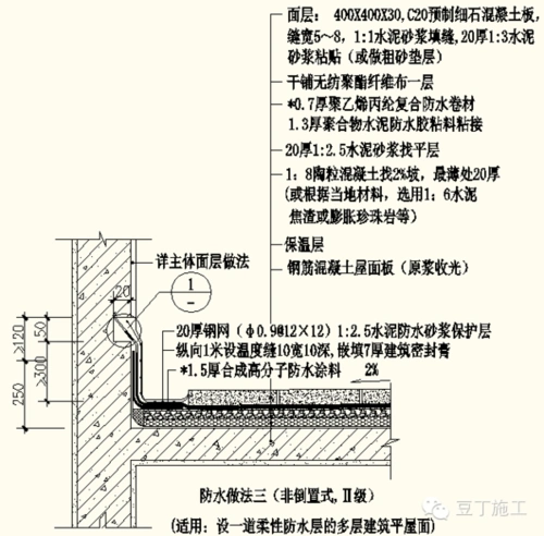 4,屋面防水做法四(优先选用倒置式,Ι级两道柔性防水,适用:高层建筑平