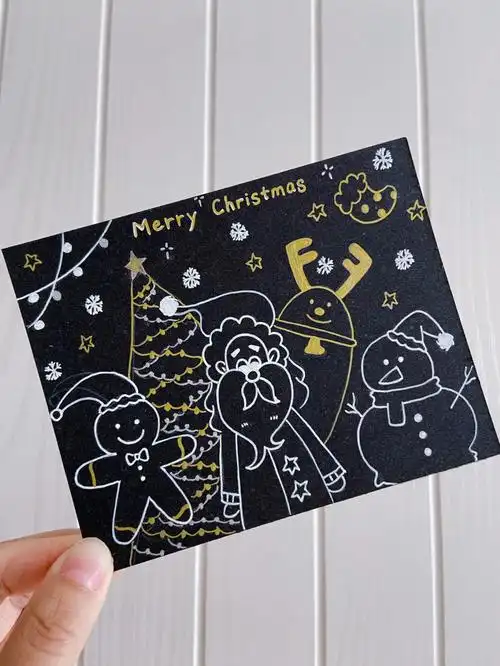 高光笔黑卡纸手绘ins风圣诞卡片附过程