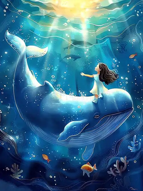 小女孩和鲸鱼一起在海洋中遨游的插画
