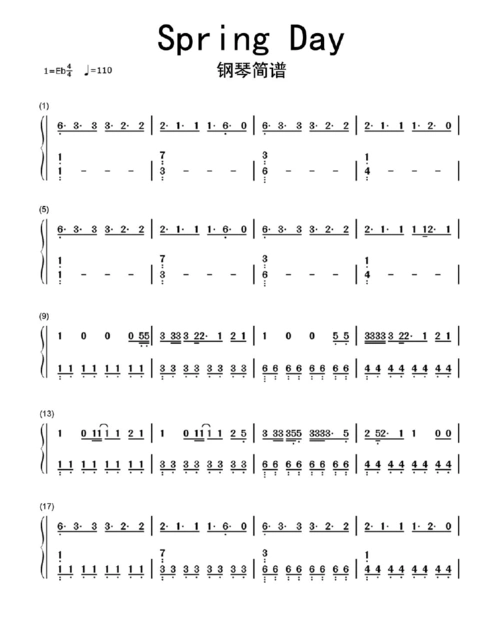 spring-day钢琴简谱乐谱防弹少年团