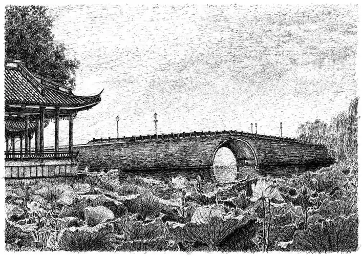西湖玉虹——张建庭钢笔画赏析