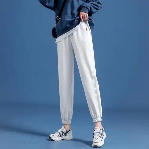 白色运动裤女显瘦百搭2021新款加长高腰休闲休闲裤
