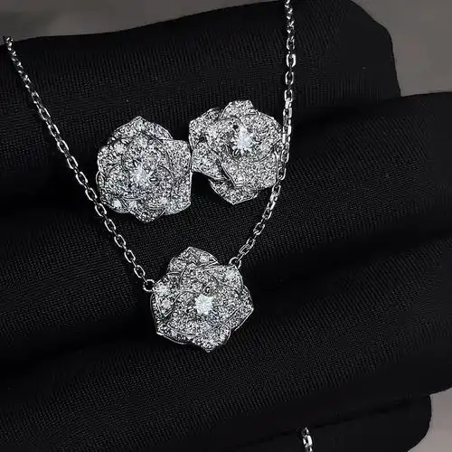 伯爵山茶花钻石项链耳钉玫瑰花锁骨链套装