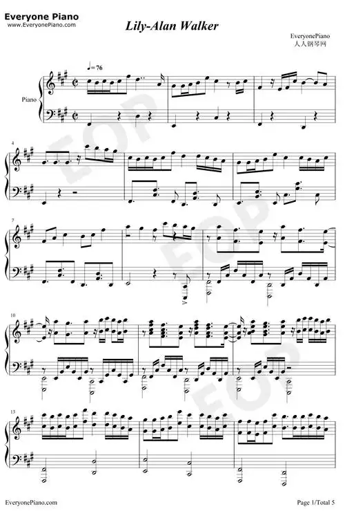 lily钢琴谱_alanwalkerk_391emeliehollow-明明简谱网