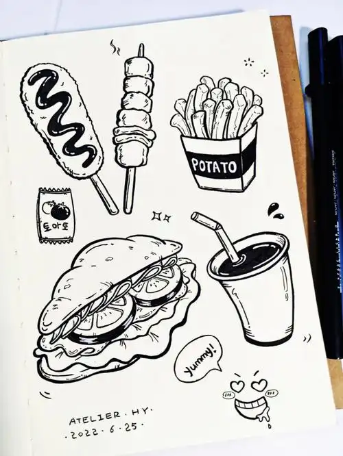 快餐美食主题1简笔画黑白涂鸦手绘
