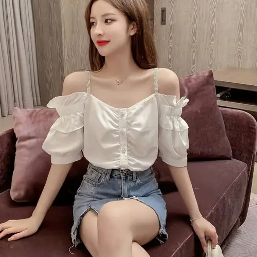 雪纺衬衫女吊带一字肩短袖上衣潮性感甜美露肩衬衣夏季薄款超仙气