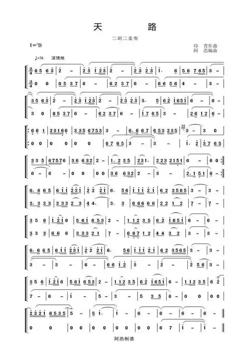天路 二胡二重奏 二胡谱 简谱