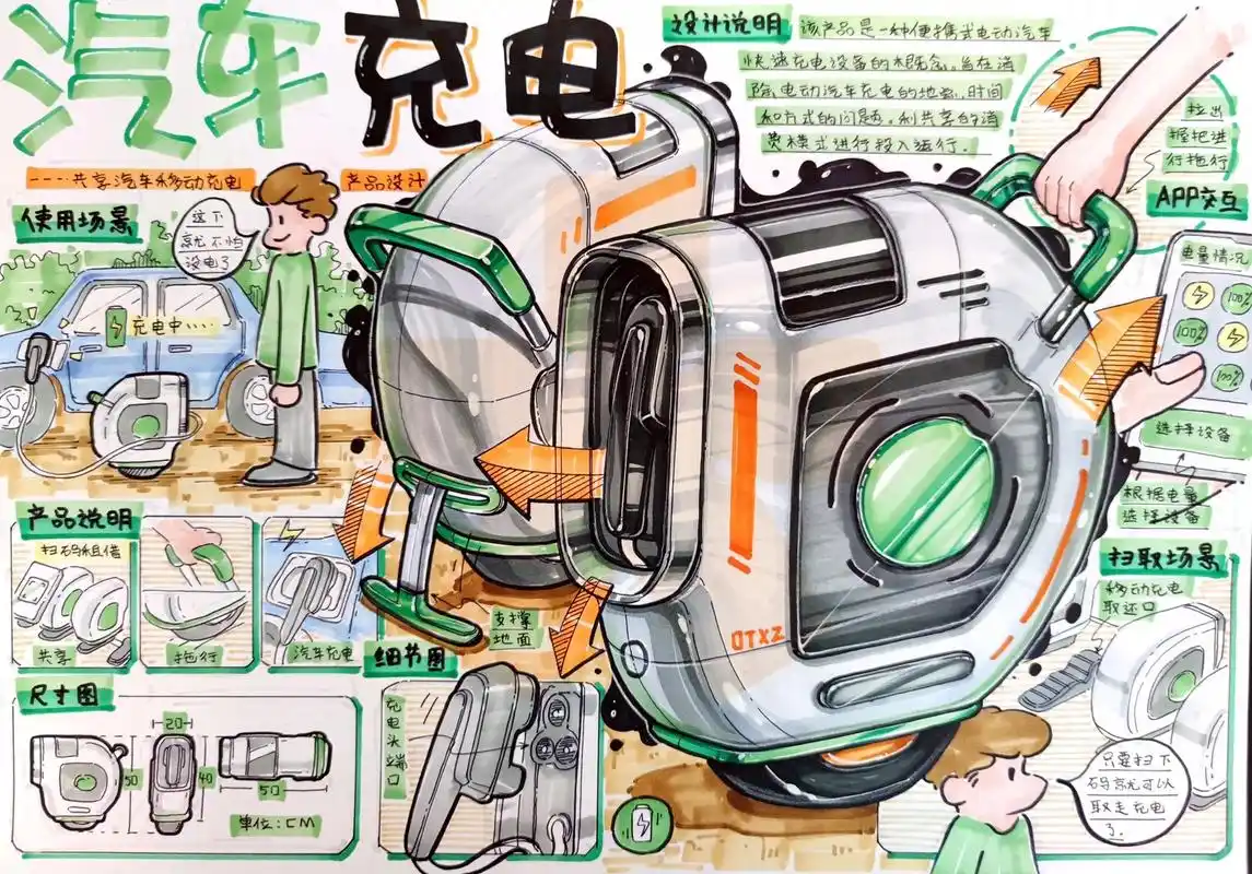 工业设计手绘|汽车充电91充电器产品设计.@大题小做设计插本 - 抖音