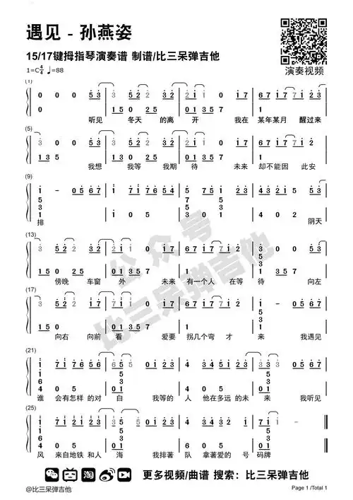 遇见 - 孙燕姿 | 卡林巴琴拇指琴简谱