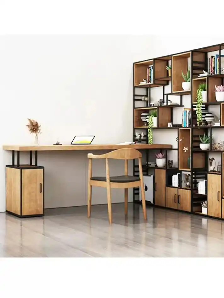 实木转角书桌书架组合一体墙角写字书柜书房角落办公室电脑台式桌