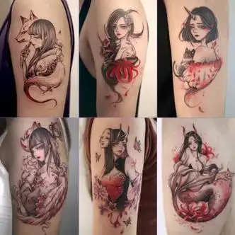 hungyar超美复古日式九尾狐艺花臂纹身贴防水:女:仿真暗黑系ins