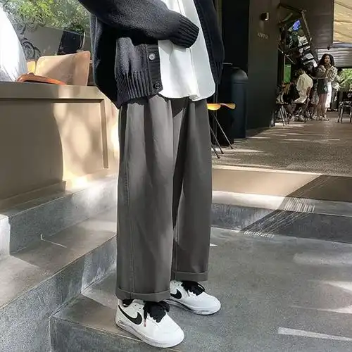 纯棉港风潮牌纯色宽松阔腿裤男坠感直筒日系休闲九分工装阔腿裤男