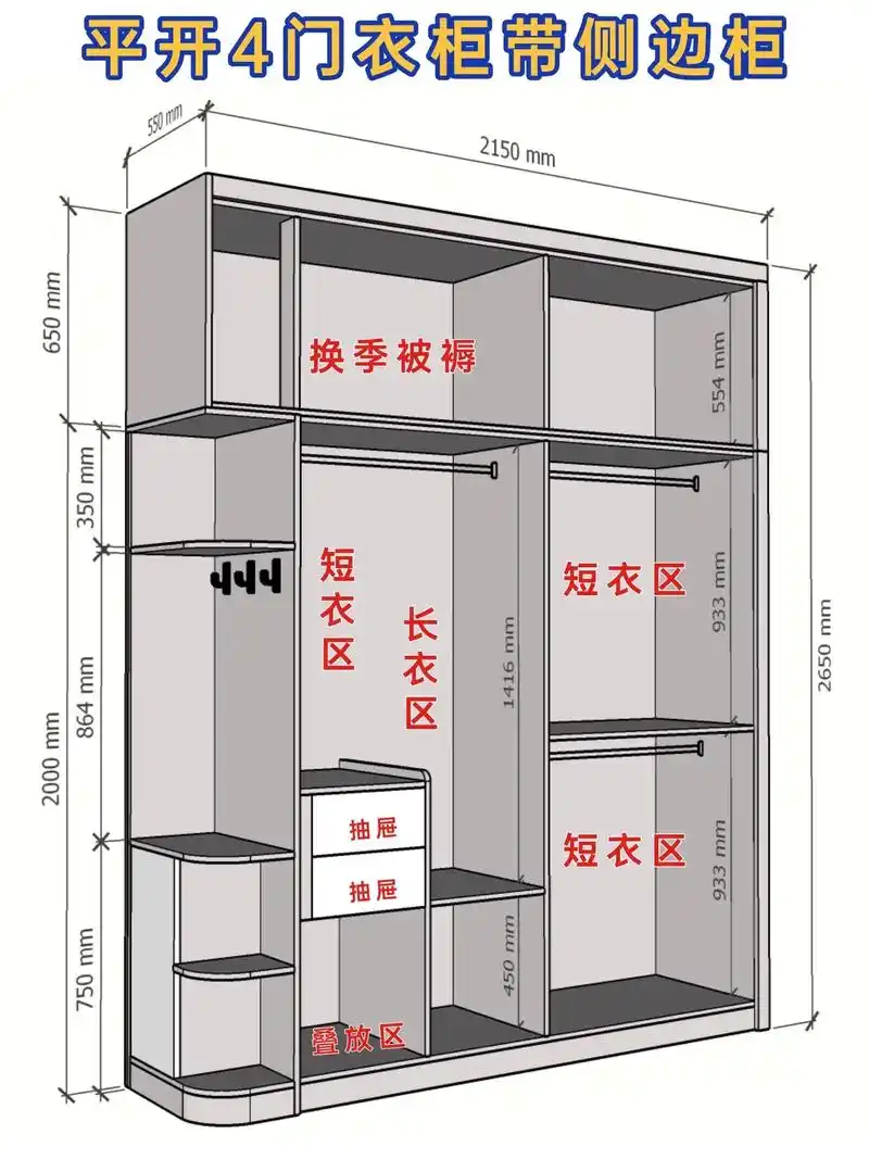 四开门衣柜带侧边开放柜和内部结 - 抖音