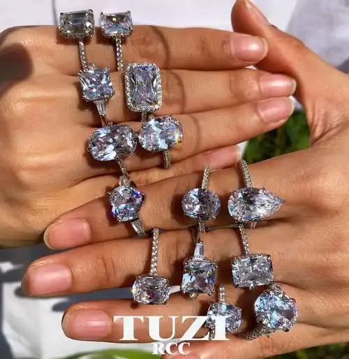 tuzi大钻石克拉指环925银色莫桑闪钻心形排钻锆石婚戒时尚戒指女