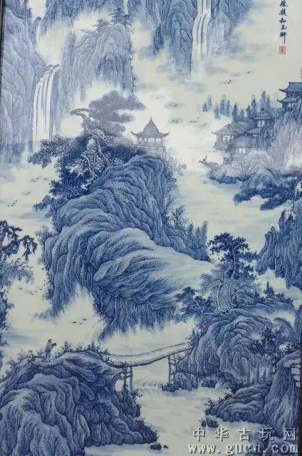 青花山水瓷板画