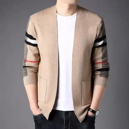 春秋新款长袖针织开衫男时尚韩版中青年拼色个性毛衣外穿披肩外套