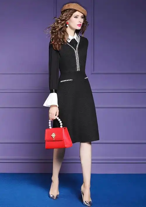 菲梦伊女神范套装裙女冬气质洋气衬衫搭配背心连衣裙两件套21034 黑色