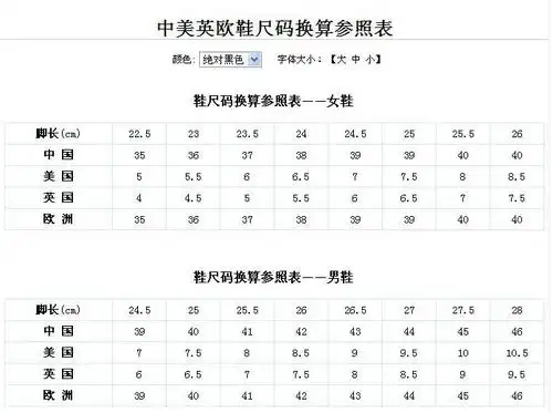 鞋码对照表