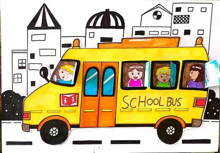 26615黑白线描背景丰富画面,并使主体物校车更为突出.