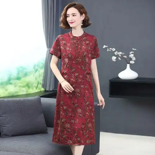 百思寒夏装连衣裙短袖时尚优雅裙子新款中老年女装长裙