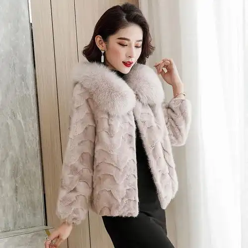 新款2020水貂皮草外套短款女狐狸毛领貂皮大衣海宁拼貂毛皮一体