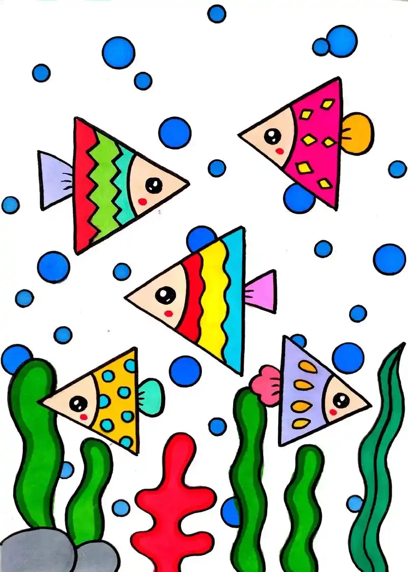 图形简笔画,三角形和各种条纹画可爱的小鱼.图形简笔画,用三角 - 抖音