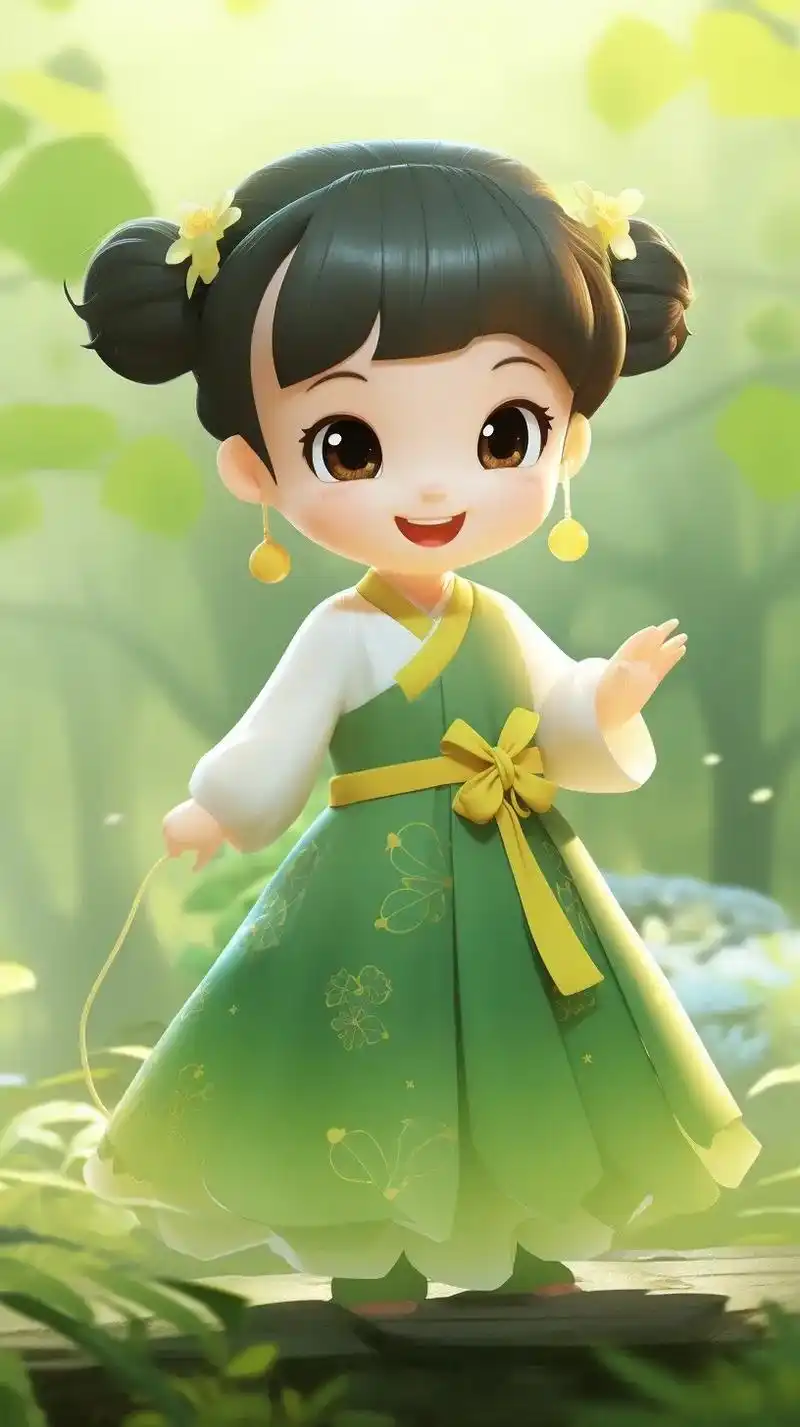 可爱的中国三岁女宝宝,身穿绿黄白渐变色汉服,白皙皮肤,开心笑 - 抖音