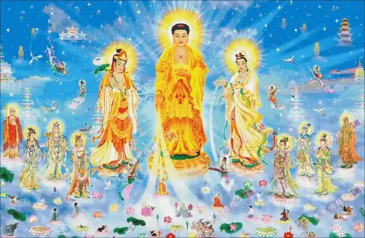 独家新款精印花 西方三圣接引图阿弥陀佛观音大势至佛教十字绣r线