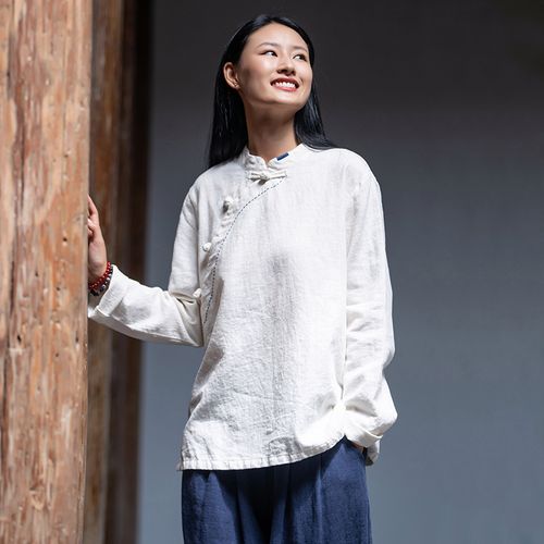 民族风上衣女2022新款 复古偏襟长袖茶服t恤高档手工盘扣中式衬衫