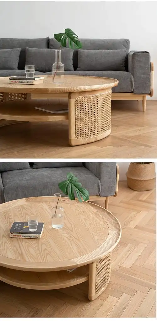 北欧圆茶几日式现代简约侘寂风复古原实木藤编圆形艺术感圆几85cm实木