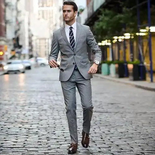 欧美英伦商务绅士秋季两粒扣灰色西装男毛料修身西服套装 70%羊毛