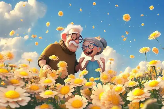 卡通重阳节老夫妻背影场景原创插画海报手绘卡通重阳节老夫妻登高望远