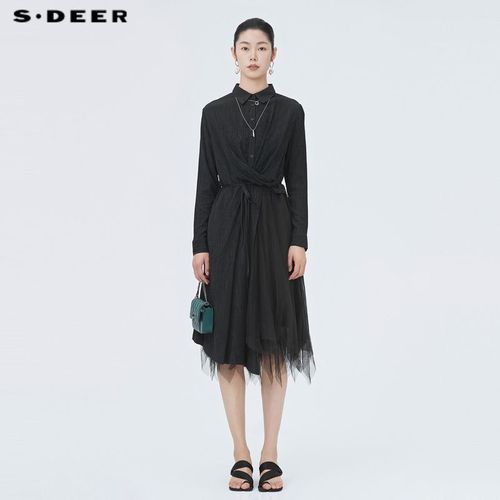s·deer圣迪奥女装褶皱收腰网纱不规则衬衫连衣裙s22181204